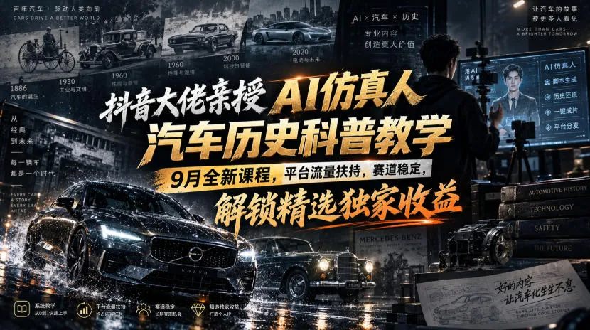 抖音大佬亲授AI仿真人汽车历史科普教学,9月全新课程,平台流量扶持,赛道稳定,解锁精选独家收益-37博客