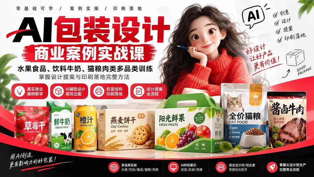 （20387期）AI包装设计商业案例实战课：水果食品、饮料牛奶、猫粮肉类多品类训练，掌握设计提案与印刷落地完整方法-37博客