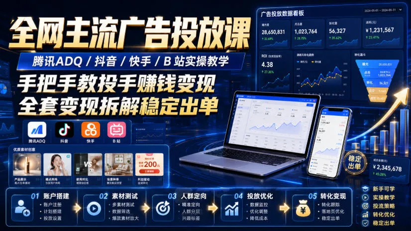 全网主流广告投放课，腾讯ADQ / 抖音 / 快手 / B 站实操教学，手把手教投手赚钱变现，全套变现拆解稳定出单-37博客