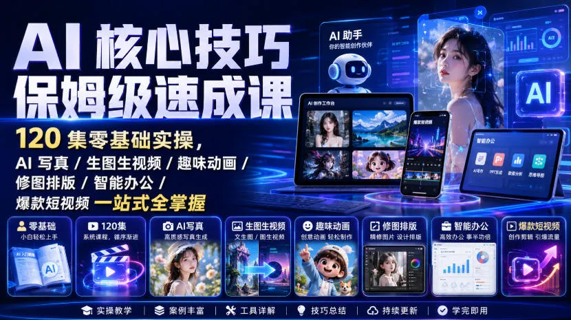 AI核心技巧保姆级速成课|120集零基础实操,AI写真/生图生视频/趣味动画/修图排版/智能办公/爆款短视频一站式全掌握-37博客
