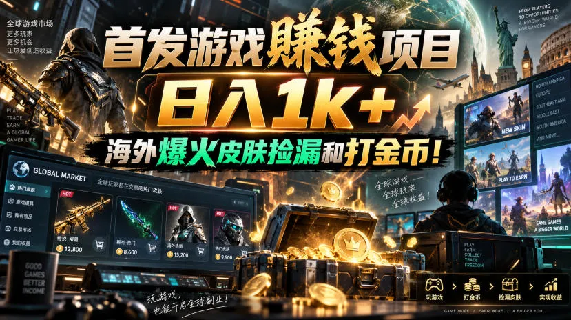 首发游戏賺钱项目，日入1k+，海外爆火皮肤捡漏和打金币！【揭秘】