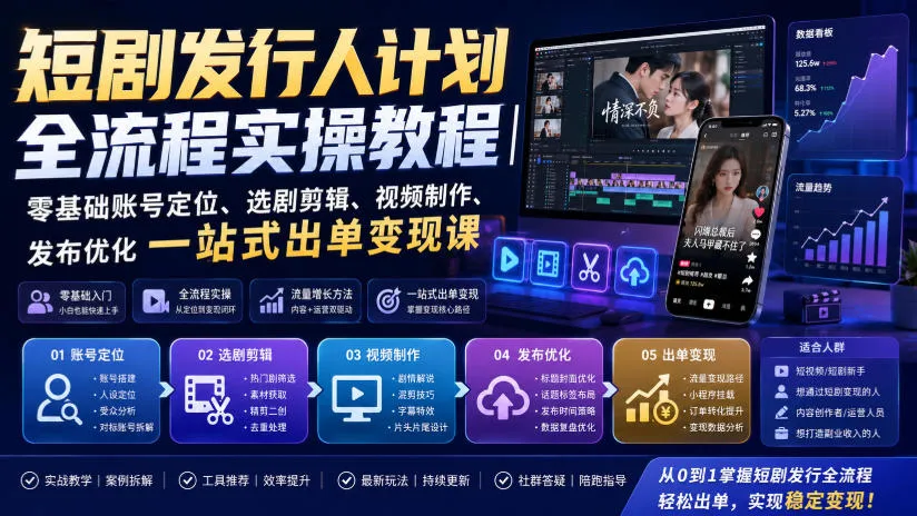 短剧发行人计划全流程实操教程|零基础账号定位、选剧剪辑、视频制作、发布优化一站式出单变现课-37博客