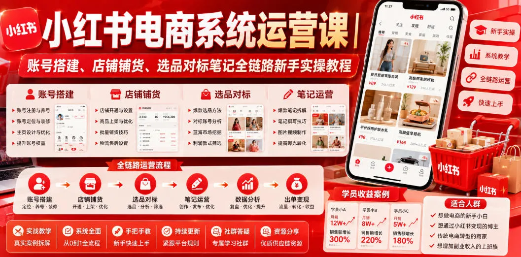小红书电商系统运营课|账号搭建、店铺铺货、选品对标笔记全链路新手实操教程-37博客