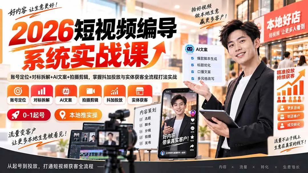 （20305期）2026短视频编导系统实战课：账号定位+对标拆解+AI文案+拍摄剪辑，掌握抖加投放与实体获客全流程打法实战-37博客