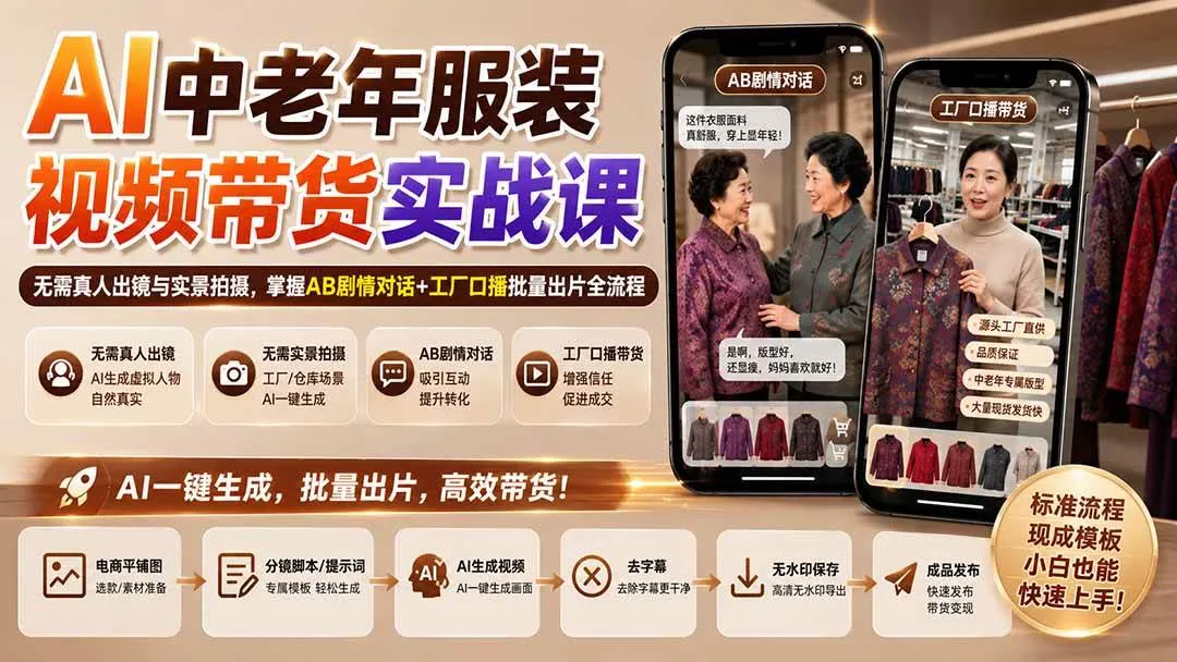 （20198期）AI中老年服装视频带货实战课：无需真人出镜与实景拍摄，掌握AB剧情对话+工厂口播批量出片全流程-37博客