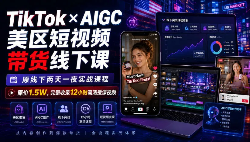 TikTok×AIGC美区短视频带货线下课,原线下两天一夜实战课程,原价1.5W,完整收录12小时高清授课视频-37博客