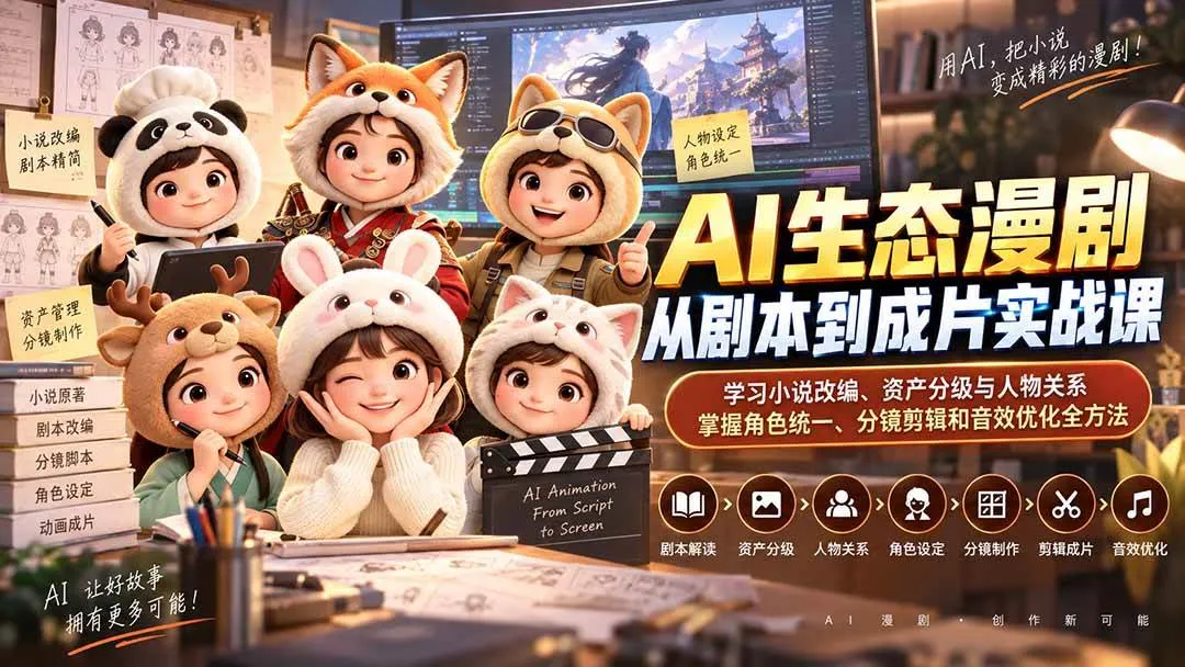(20412期)AI生态漫剧从剧本到成片实战课:学习小说改编、资产分级与人物关系,掌握角色统一、分镜剪辑和音效优化全方法-37博客