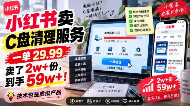 小红书卖C盘清理服务,一单29.99,卖了2w+份,技术也是虚拟产品-37博客