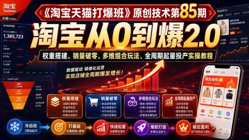 《淘宝天猫打爆班》原创技术第85期,淘宝从0到爆2.0,权重搭建、销量破零、多维组合玩法、全周期起量投产实操教程-37博客