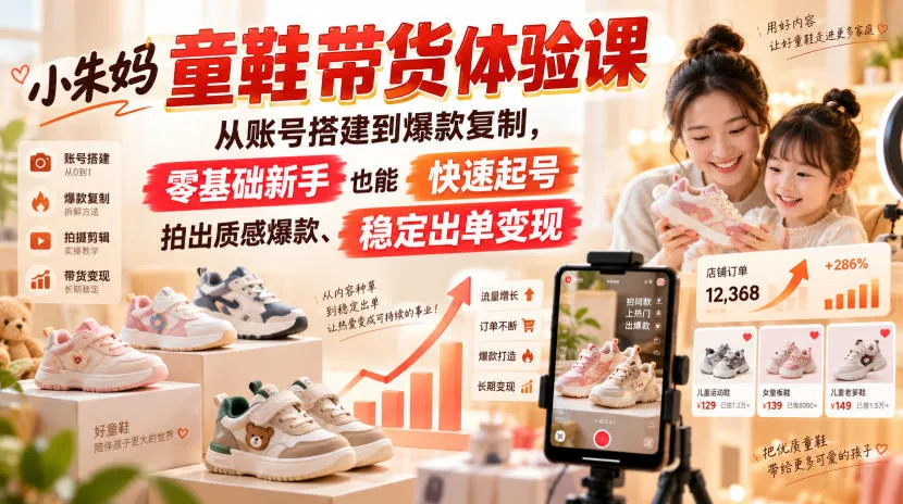 小朱妈童鞋带货体验课,从账号搭建到爆款复制,零基础新手也能快速起号、拍出质感爆款、稳定出单变现-37博客