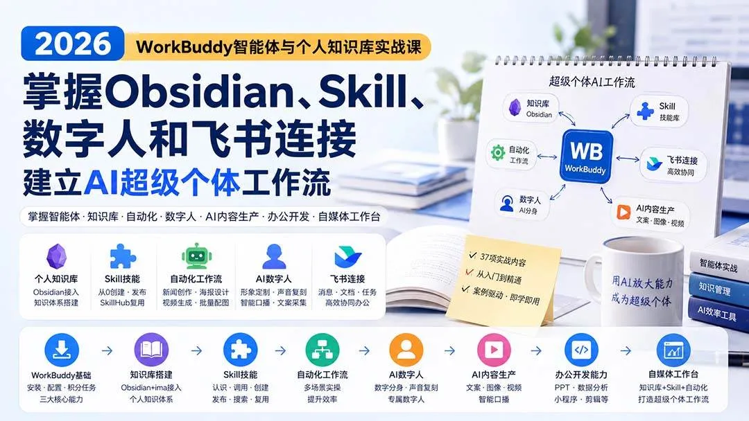（20169期）2026 WorkBuddy智能体与个人知识库实战课：掌握Obsidian、Skill、数字人和飞书连接，建立AI超级个体工作流-37博客