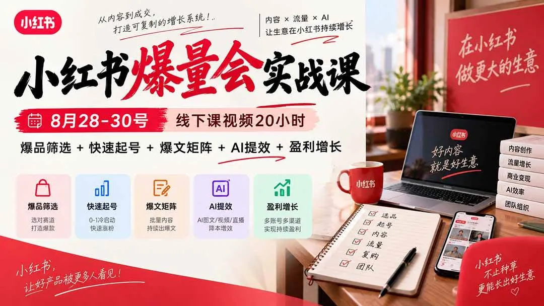 （20359期）小红书爆量会实战课：8月28-30号线下课视频20小时，爆品筛选+快速起号+爆文矩阵+AI提效+盈利增长