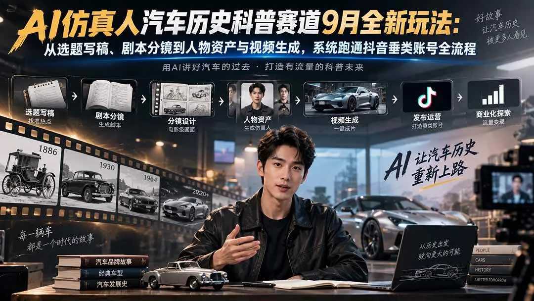 (20413期)AI仿真人汽车历史科普赛道9月全新玩法:从选题写稿、剧本分镜到人物资产与视频生成,系统跑通抖音垂类账号全流程-37博客