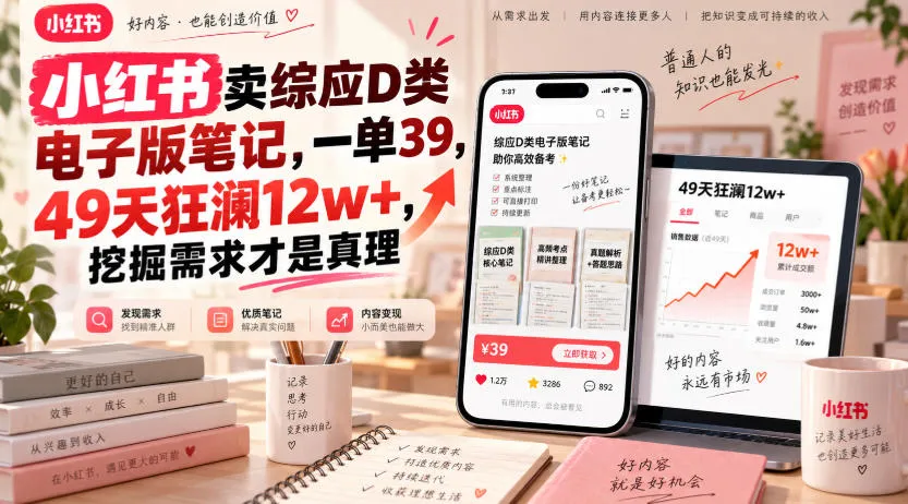 小红书卖综应D类电子版笔记,一单39,49天狂澜12w+,挖掘需求才是真理-37博客