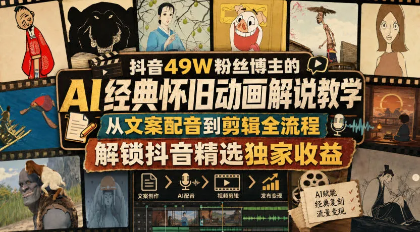 抖音49W粉丝博主的AI经典怀旧动画解说教学,从文案配音到剪辑全流程,解锁抖音精选独家收益-37博客