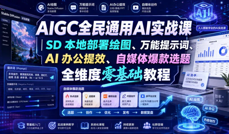 AIGC全民通用AI实战课｜SD本地部署绘图、万能提示词、AI办公提效、自媒体爆款选题全维度零基础教程-37博客
