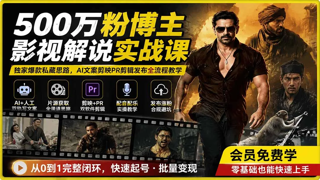 500万粉博主影视解说实战课｜独家爆款私藏思路，AI文案剪映PR剪辑发布全流程教学-37博客