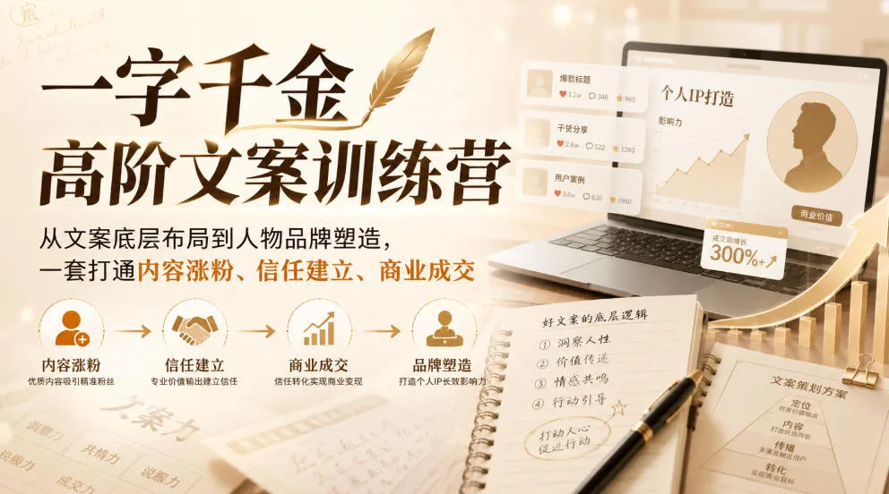 一字千金高阶文案训练营，从文案底层布局到人物品牌塑造，一套打通内容涨粉、信任建立、商业成交-37博客