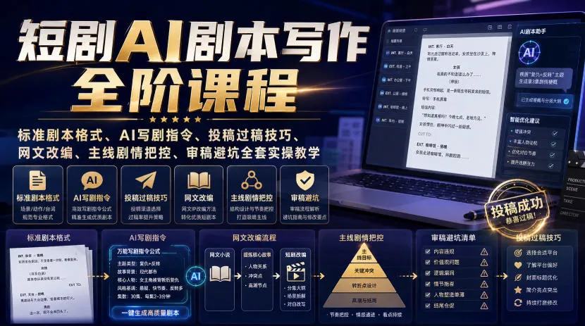短剧AI剧本写作全阶课程|标准剧本格式、AI写剧指令、投稿过稿技巧、网文改编、主线剧情把控、审稿避坑全套实操教学-37博客
