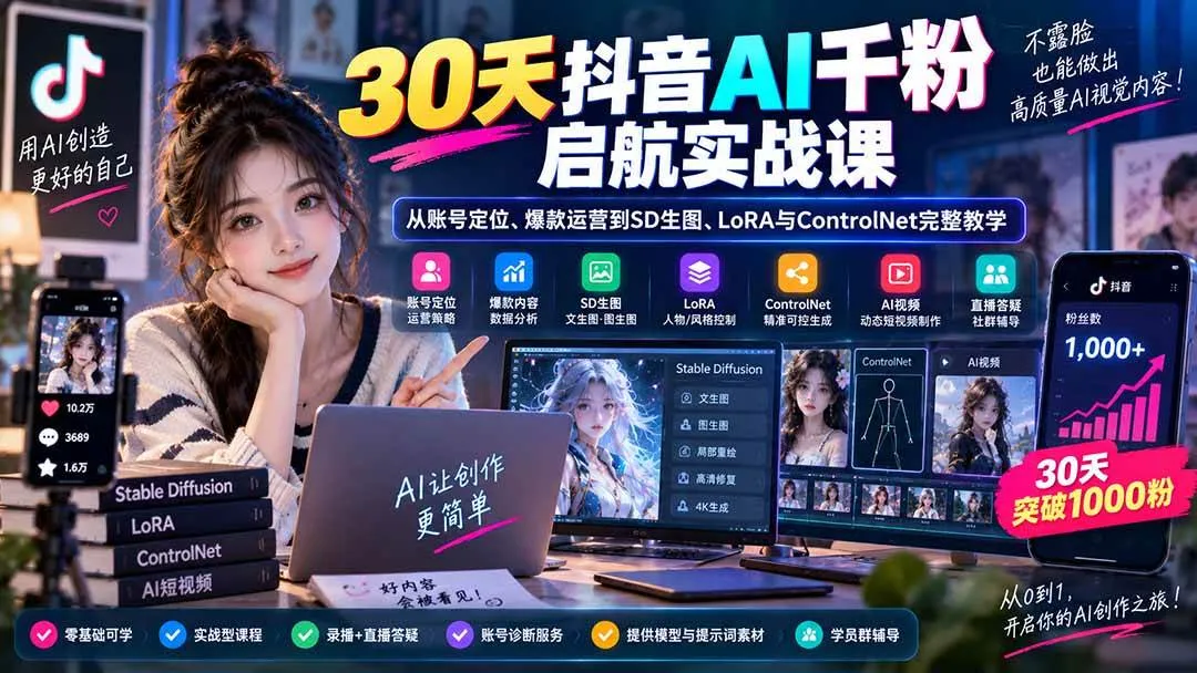(20291期)30天抖音AI千粉启航实战课:从账号定位、爆款运营到SD生图、LoRA与ControlNet完整教学-37博客