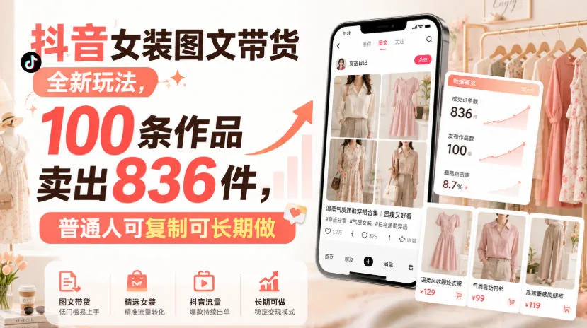 抖音女装图文带货全新玩法，100条作品卖出836件，普通人可复制可长期做-37博客