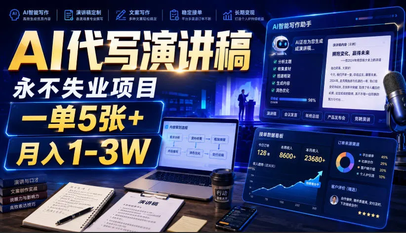 AI代写演讲稿,永不失业项目,一单5张+,月入1-3W【揭秘】-37博客