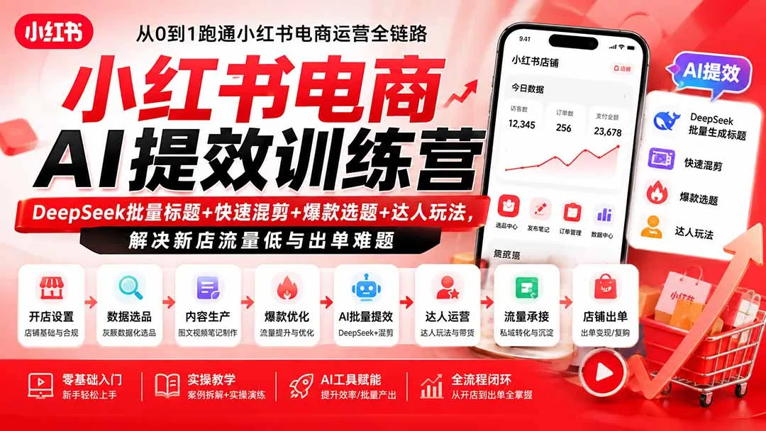 小红书电商AI提效训练营—DeepSeek批量标题+快速混剪+爆款选题+达人玩法，解决新店流量低与出单难题-37博客