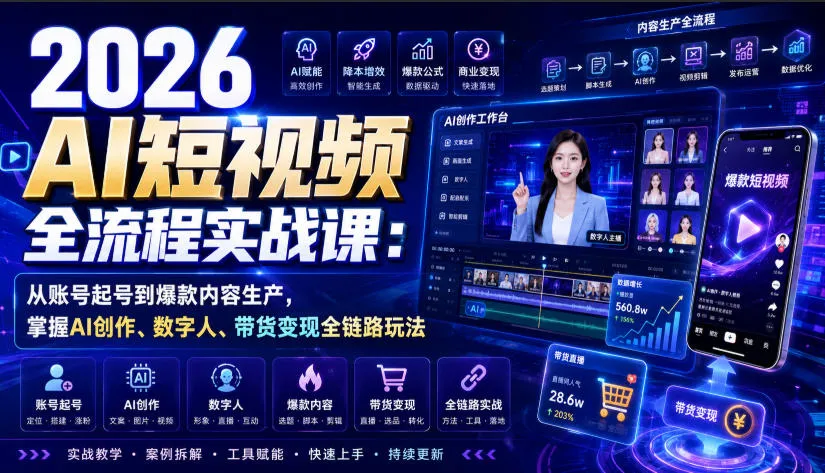 2026 AI短视频全流程实战课:从账号起号到爆款内容生产,掌握AI创作、数字人、带货变现全链路玩法-37博客
