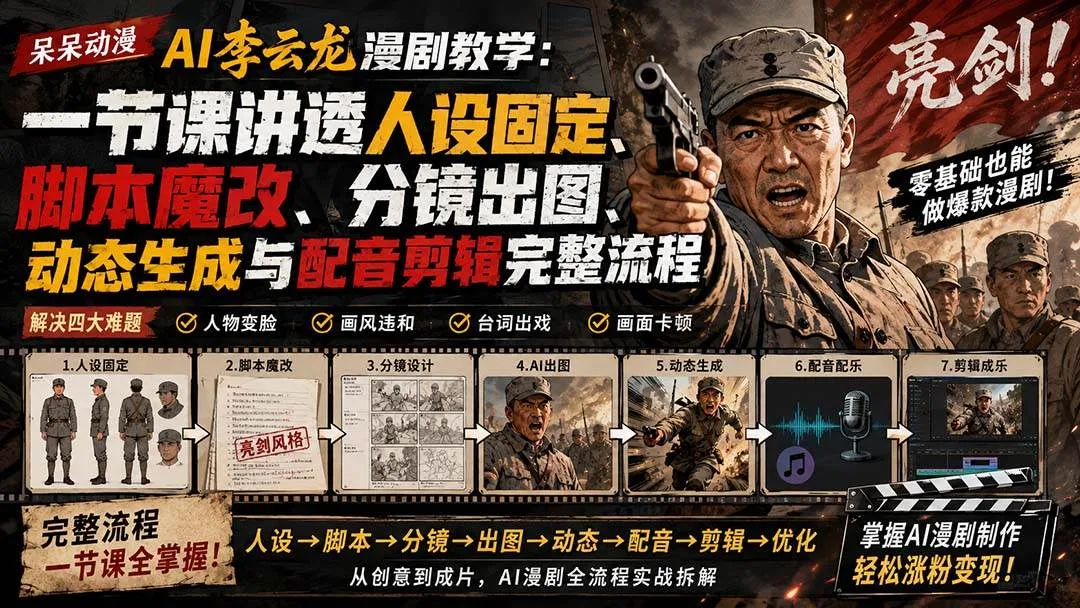 (20107期)呆呆动漫AI李云龙漫剧教学:一节课讲透人设固定、脚本魔改、分镜出图、动态生成与配音剪辑完整流程-37博客