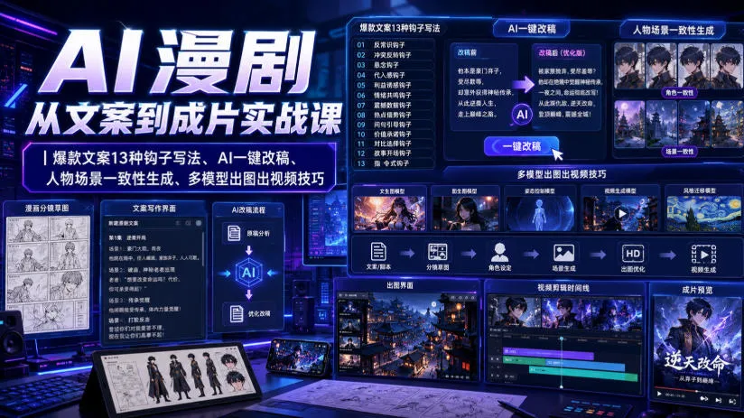 AI漫剧从文案到成片实战课|爆款文案13种钩子写法、AI一键改稿、人物场景一致性生成、多模型出图出视频技巧-37博客