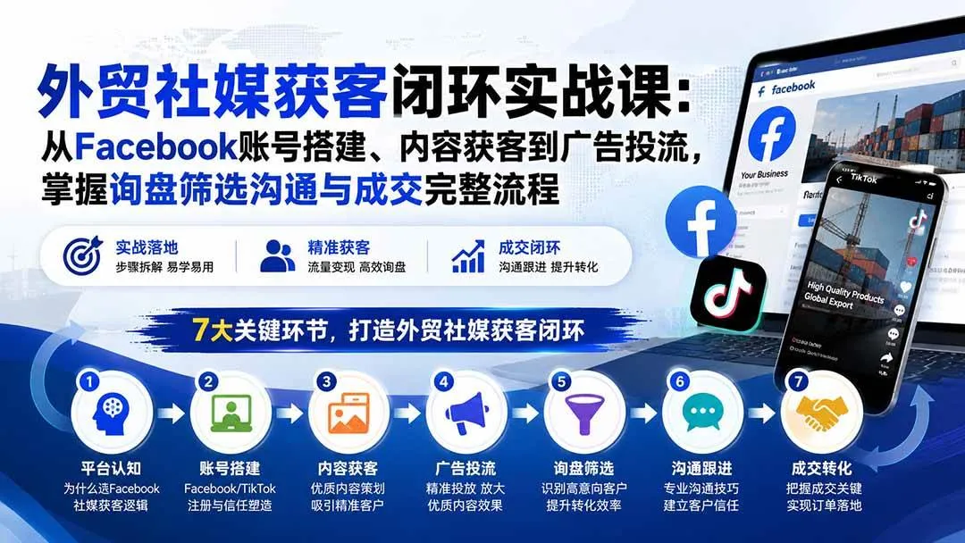 （20318期）外贸社媒获客闭环实战课：从Facebook账号搭建、内容获客到广告投流，掌握询盘筛选沟通与成交完整流程-37博客
