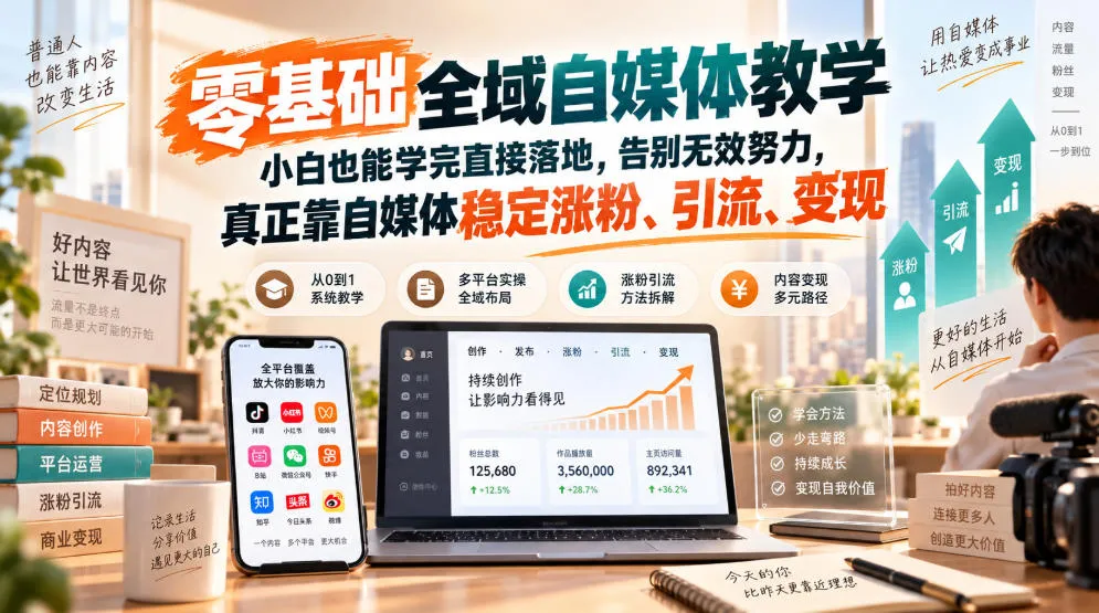 零基础全域自媒体教学,小白也能学完直接落地,告别无效努力,真正靠自媒体稳定涨粉、引流、变现-37博客