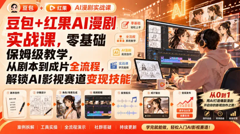 豆包+红果AI漫剧实战课,零基础保姆级教学,从剧本到成片全流程,解锁AI影视赛道变现技能-37博客