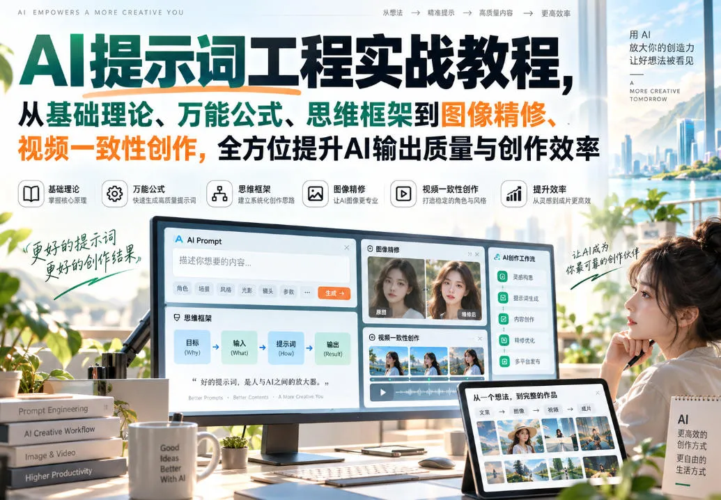 AI提示词工程实战教程,从基础理论、万能公式、思维框架到图像精修、视频一致性创作,全方位提升AI输出质量与创作效率-37博客