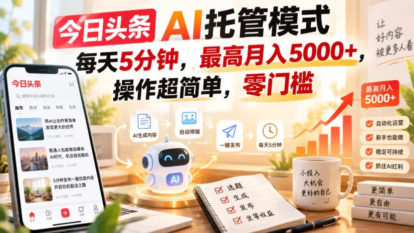 今日头条AI托管模式，每天5分钟，最高月入5000+，操作超简单，零门槛【揭秘】-37博客