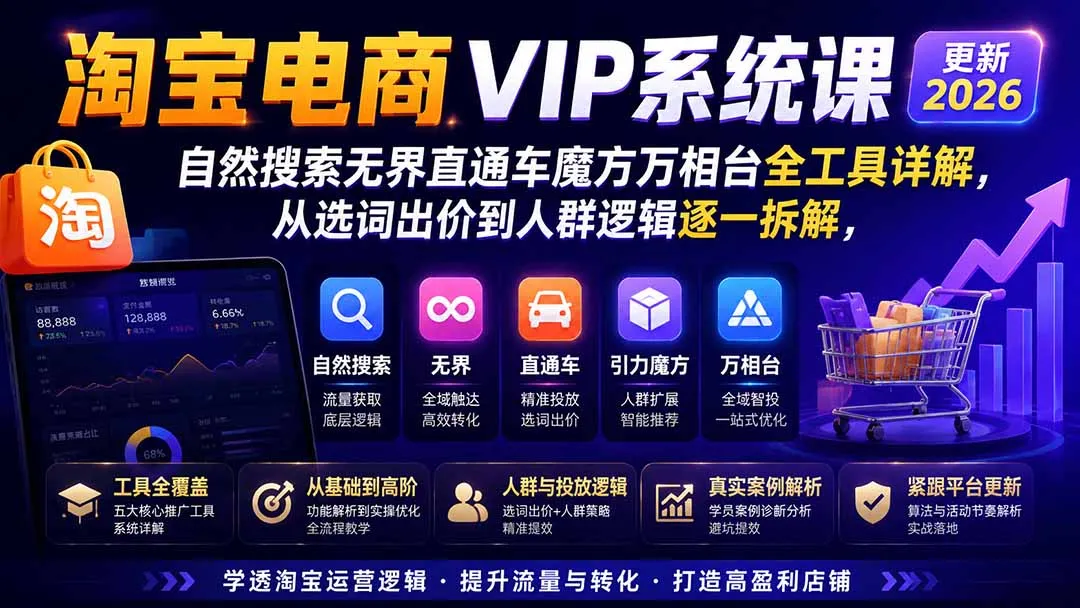 淘宝电商VIP系统课-更新8月;自然搜索无界直通车魔方万相台全工具详解,从选词出价到人群逻辑逐一拆解-37博客