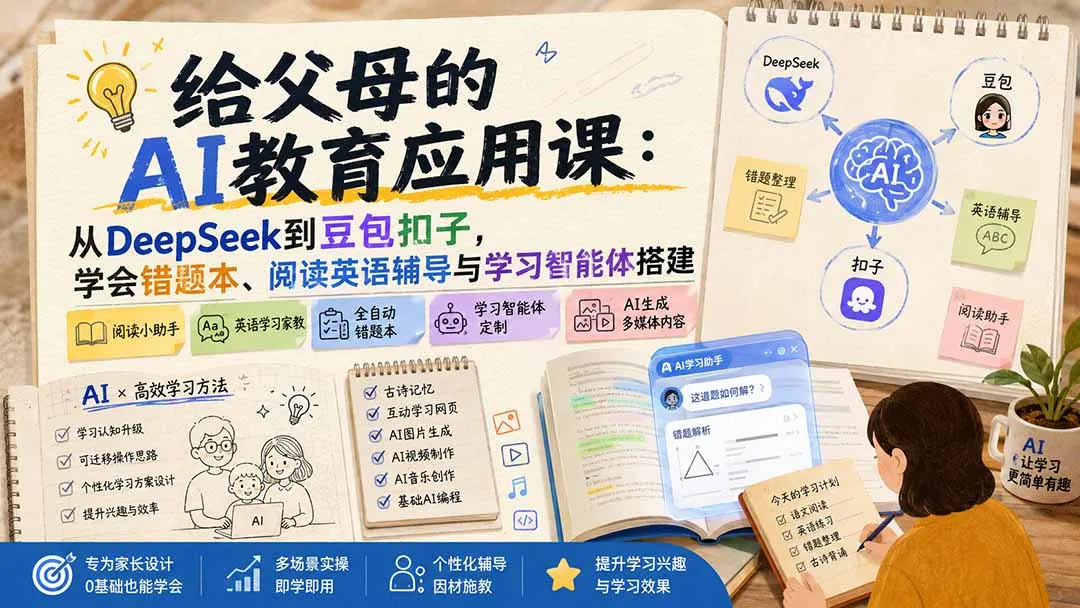 给父母的AI教育应用课：从DeepSeek到豆包扣子，学会错题本、阅读英语辅导与学习智能体搭建-37博客