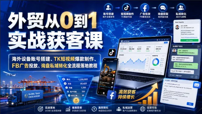 外贸从0到1实战获客课｜海外设备账号搭建、TK短视频爆款制作、FB广告投放、询盘私域转化全流程落地教程-37博客