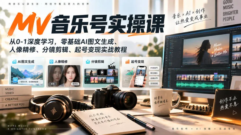AI MV音乐号实操课，从0-1深度学习，零基础AI图文生成、人像精修、分镜剪辑、起号变现实战教程-37博客