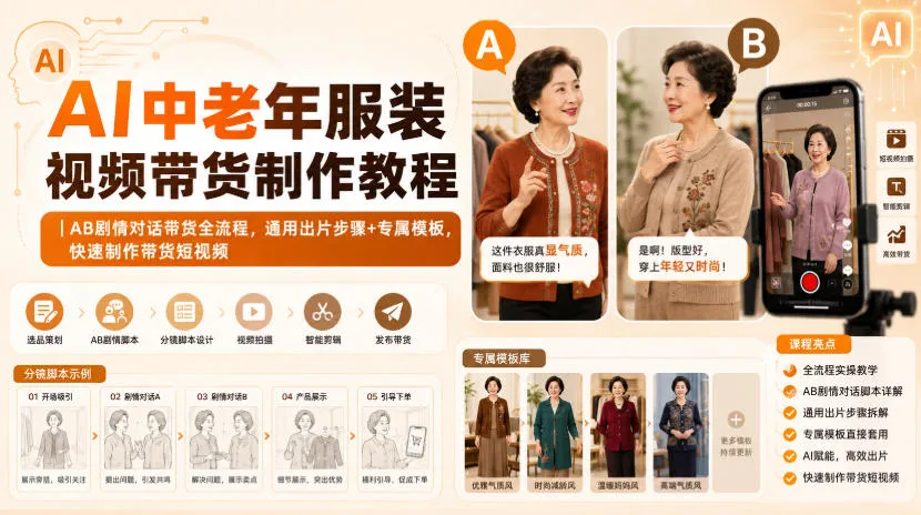 AI中老年服装视频带货制作教程｜AB剧情对话带货全流程，通用出片步骤+专属模板，快速制作带货短视频-37博客