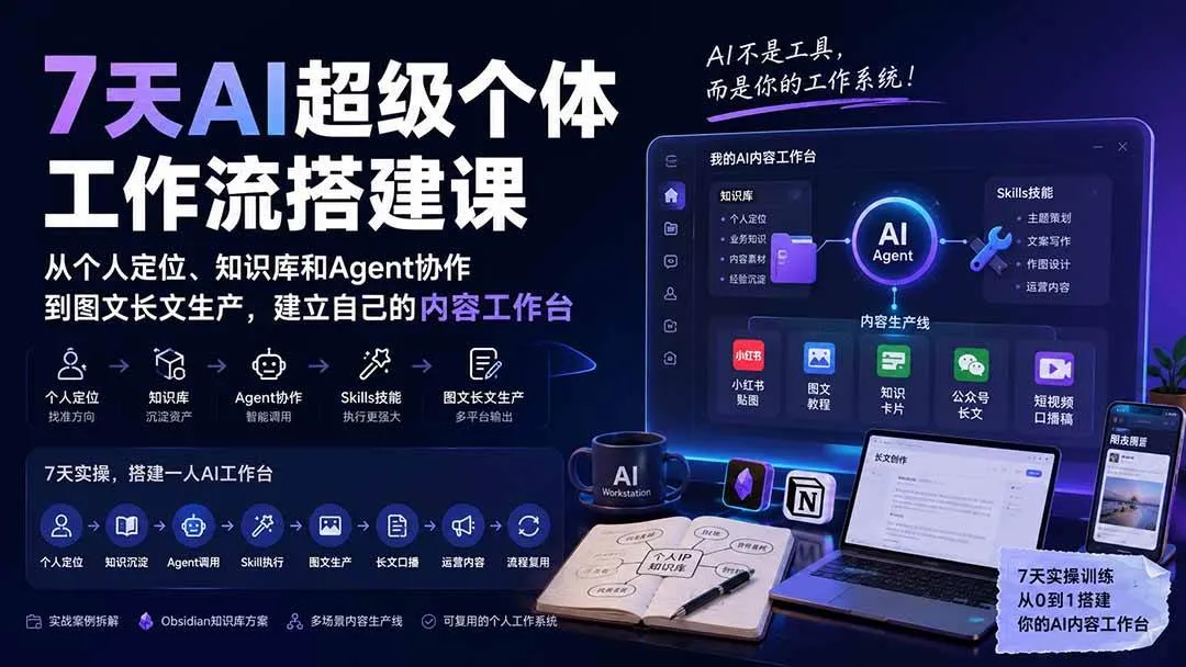 （20190期）7天AI超级个体工作流搭建课：从个人定位、知识库和Agent协作到图文长文生产，建立自己的内容工作台-37博客