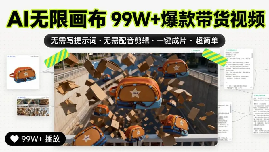 AI无限画布99W+爆款带货视频，无需写提示词·无需配音剪辑·一键成片·超简单-37博客