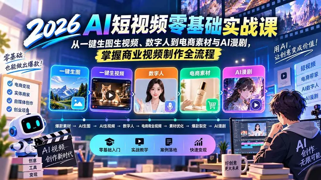 （20263期）2026AI短视频零基础实战课：从一键生图生视频、数字人到电商素材与AI漫剧，掌握商业视频制作全流程-37博客