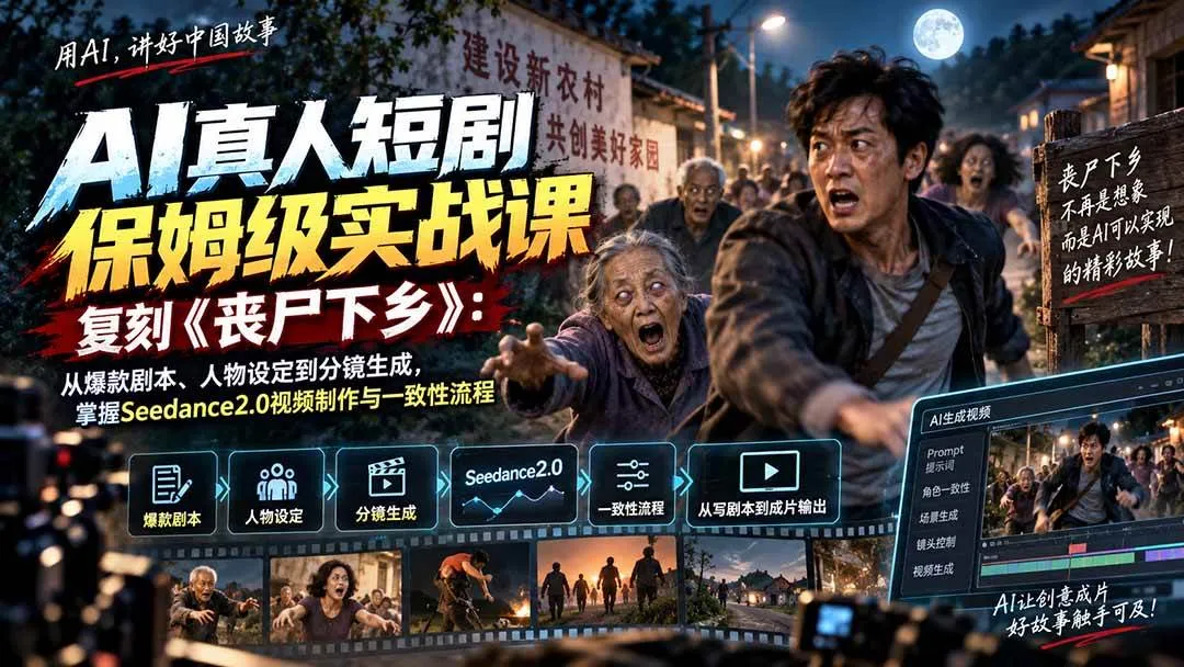 (20360期)AI真人短剧保姆级实战课,复刻《丧尸下乡》:从爆款剧本、人物设定到分镜生成,掌握Seedance2.0视频制作与一致性流程-37博客