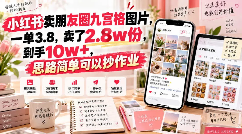 小红书卖朋友圈九宫格图片,一单3.8,卖了2.8w份,到手10w+,思路简单可以抄作业