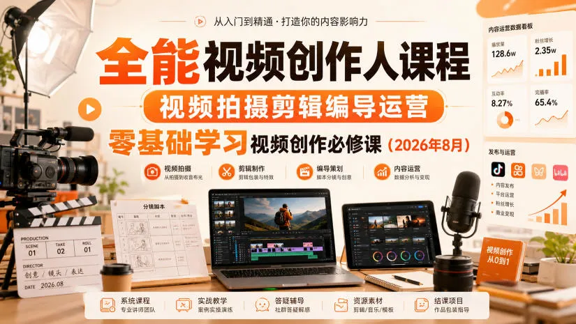 全能视频创作人课程，视频拍摄剪辑编导运营，零基础学习视频创作必修课(2026年8月)-37博客