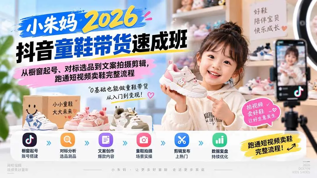 （20267期）小朱妈2026抖音童鞋带货速成班：从橱窗起号、对标选品到文案拍摄剪辑，跑通短视频卖鞋完整流程-37博客