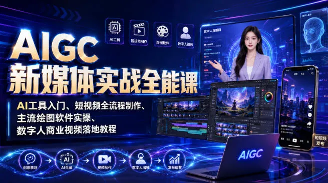 AIGC新媒体实战全能课|AI工具入门、短视频全流程制作、主流绘图软件实操、数字人商业视频落地教程-37博客