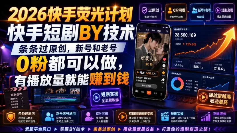 2026快手荧光计划,快手短剧搬运技术,条条过原创,新号和老号0粉都可以做,有播放量就能賺到钱-37博客