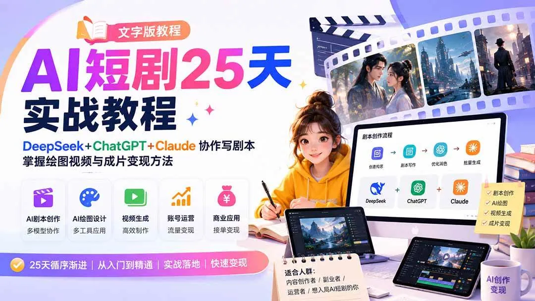 (20225期)AI短剧25天实战教程(文字版教程):DeepSeek+ChatGPT+Claude协作写剧本,掌握绘图视频与成片变现方法-37博客